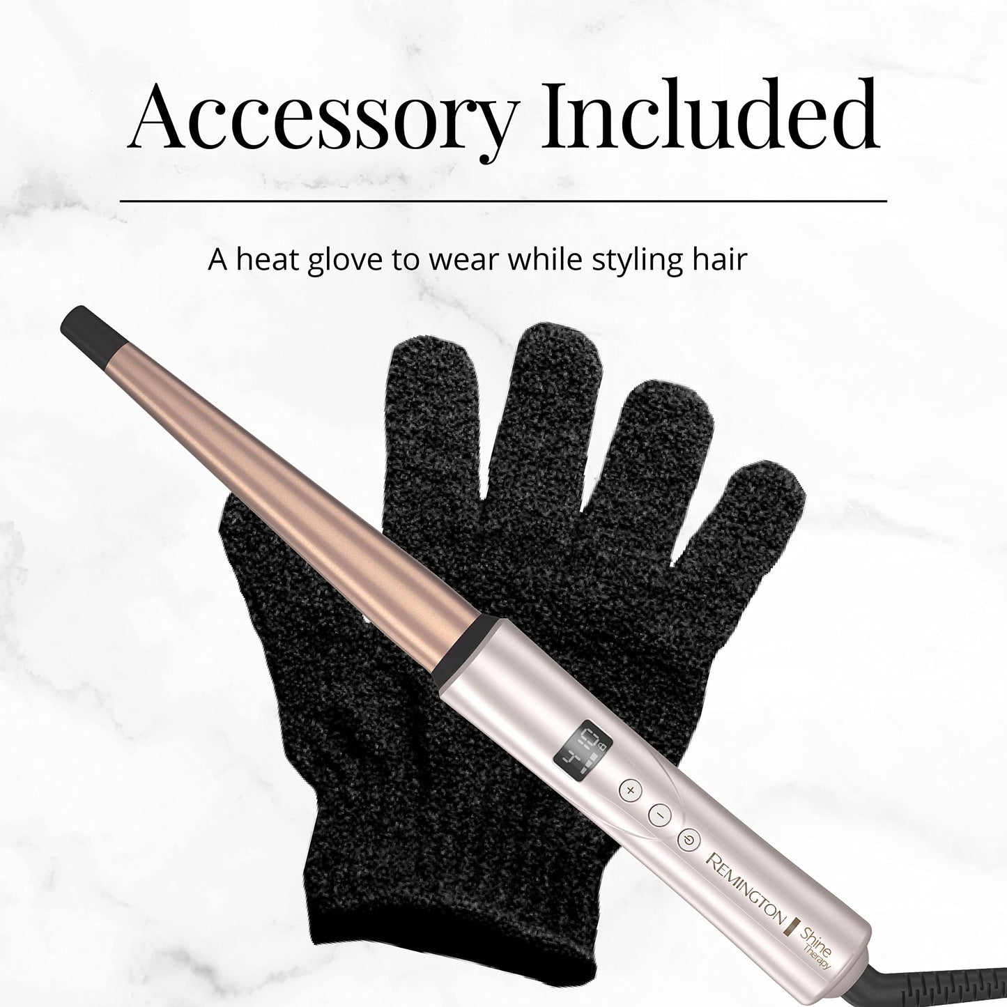 Remington Shine Therapy curling wand packaging and included accessories