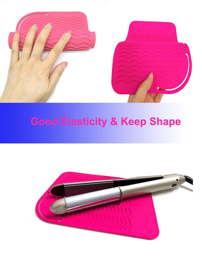 Pink AFT90 heat resistant mat holding a curling iron on a vanity