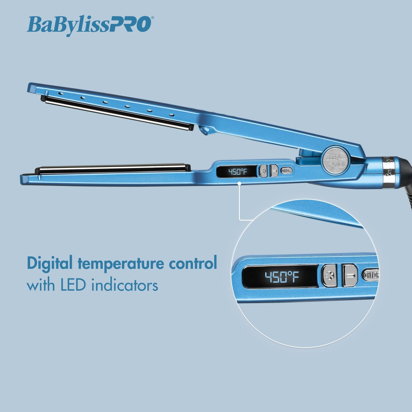 Close up of BaBylissPRO titanium plates and temperature dial