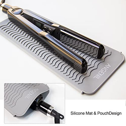 Angenil heat resistant mat being used as a flat iron rest on a vanity