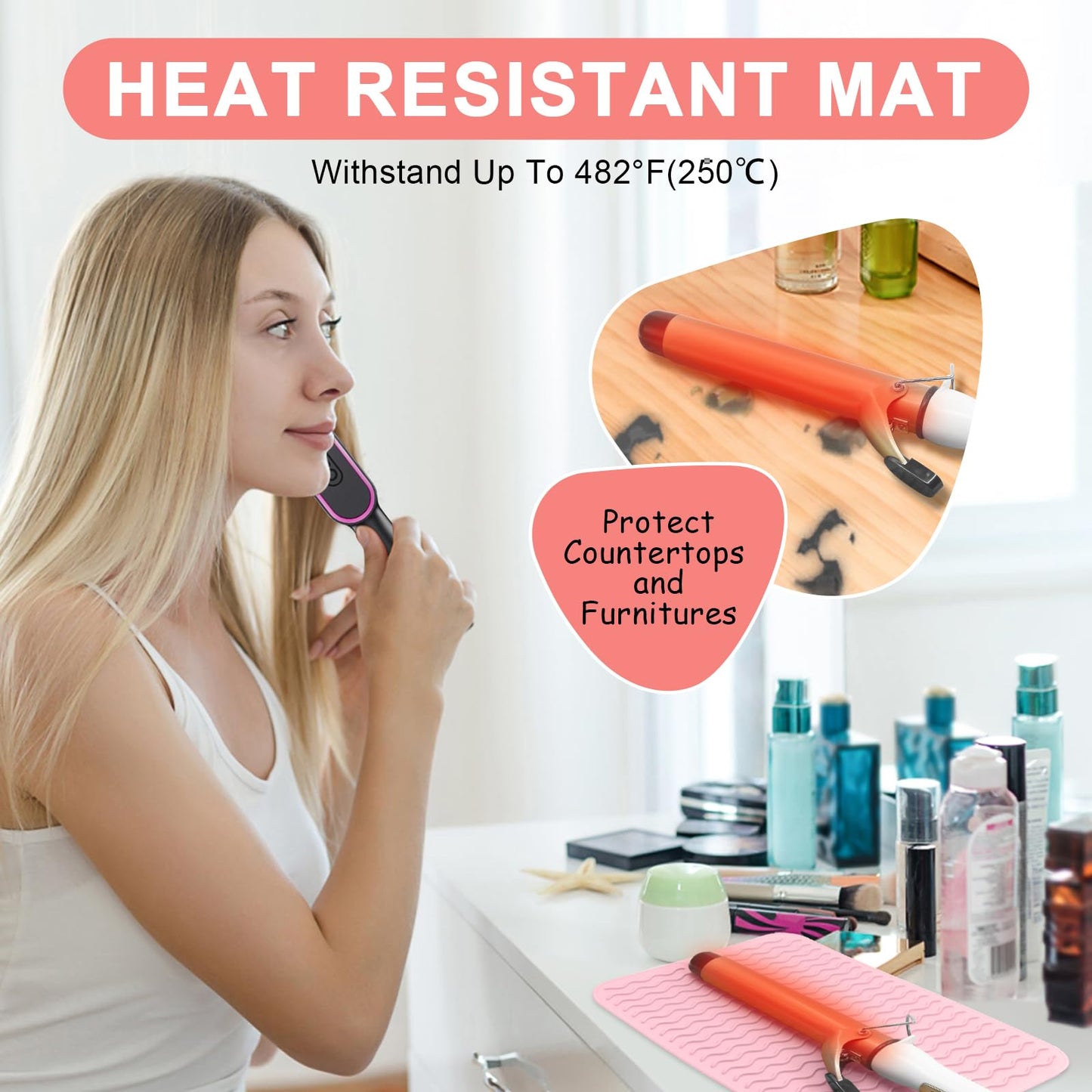Suafrnut heat resistant mat holding flat iron on vanity