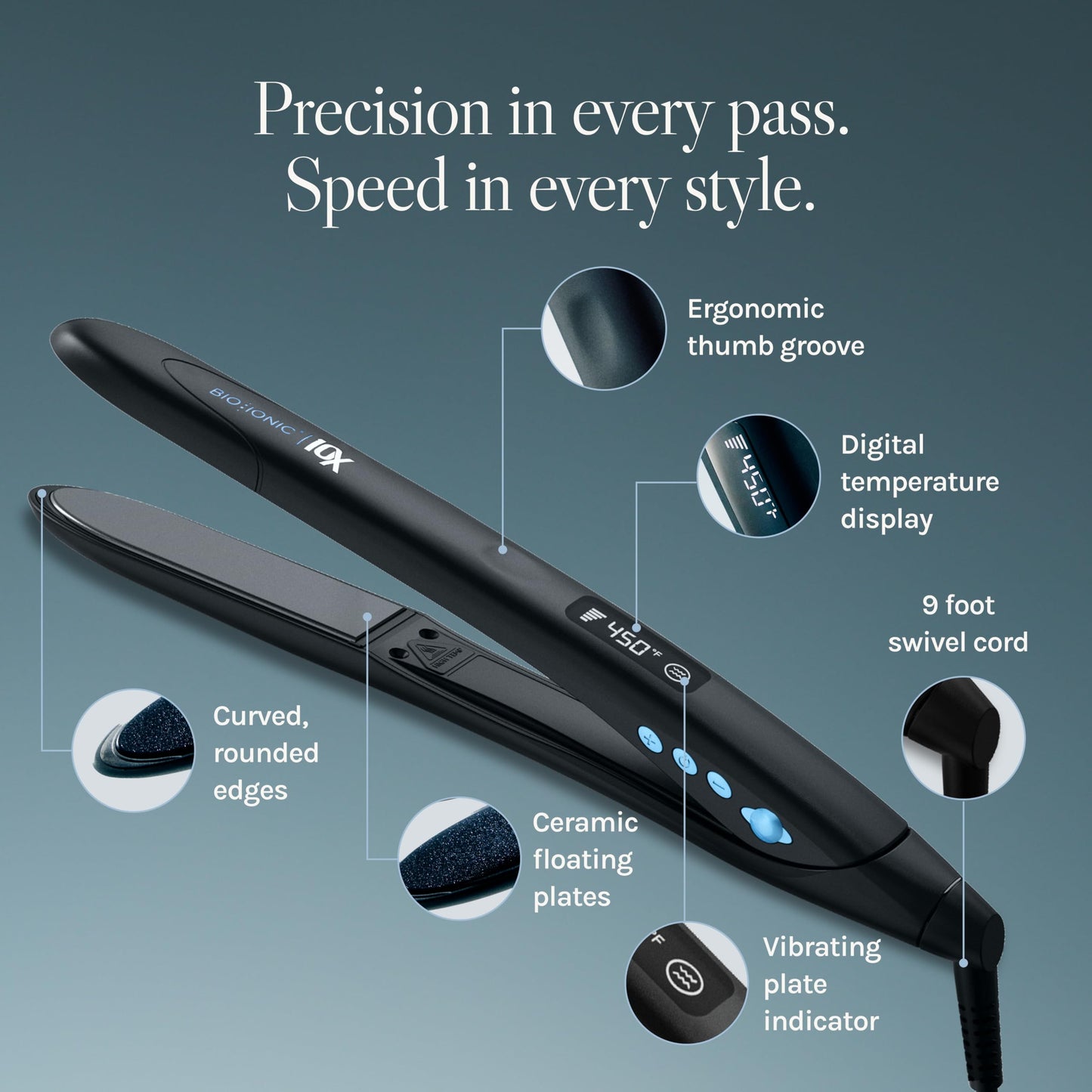 Bio Ionic hair straightener with swivel cord and ergonomic handle