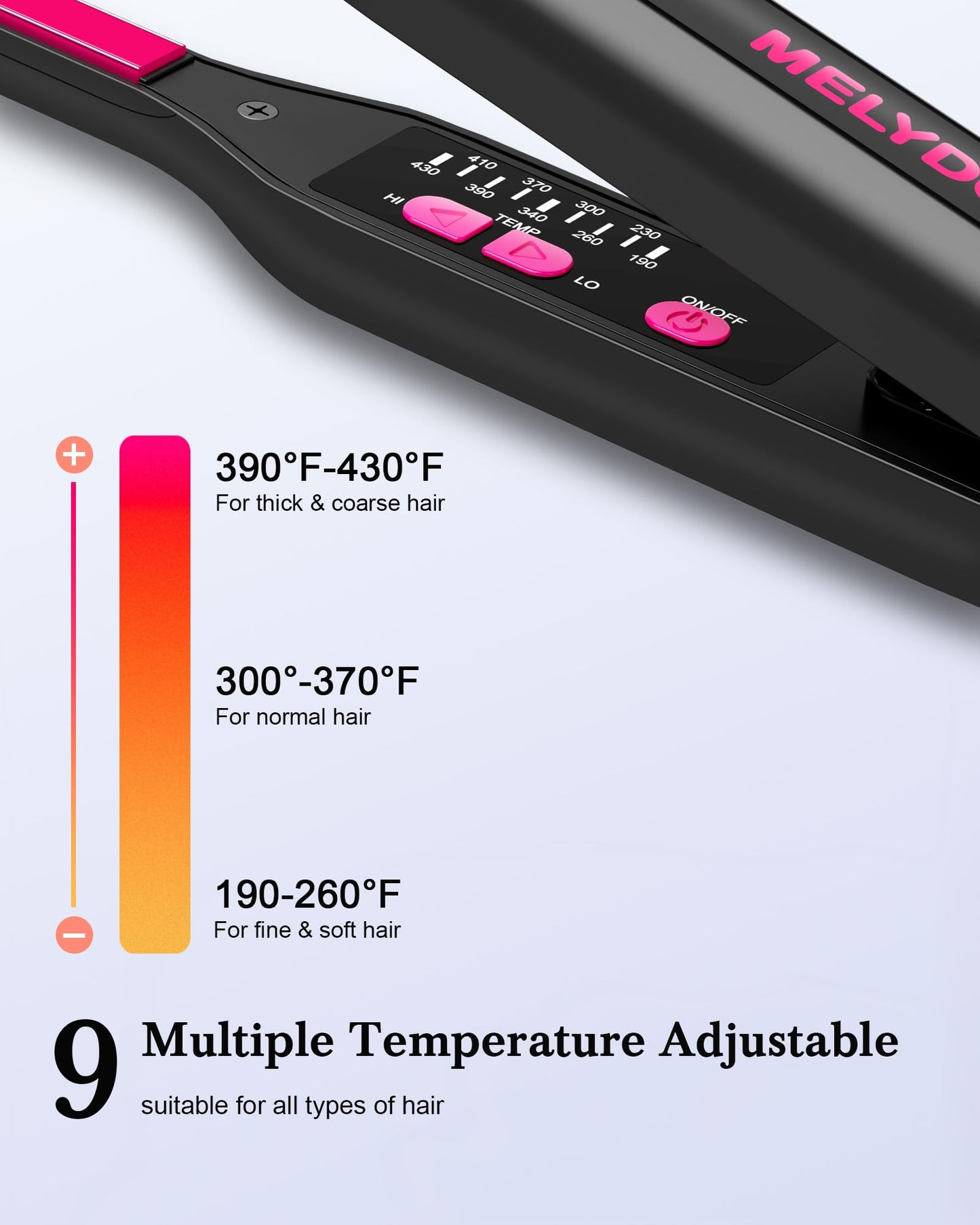 Compact Melydo flat iron held in hand for scale