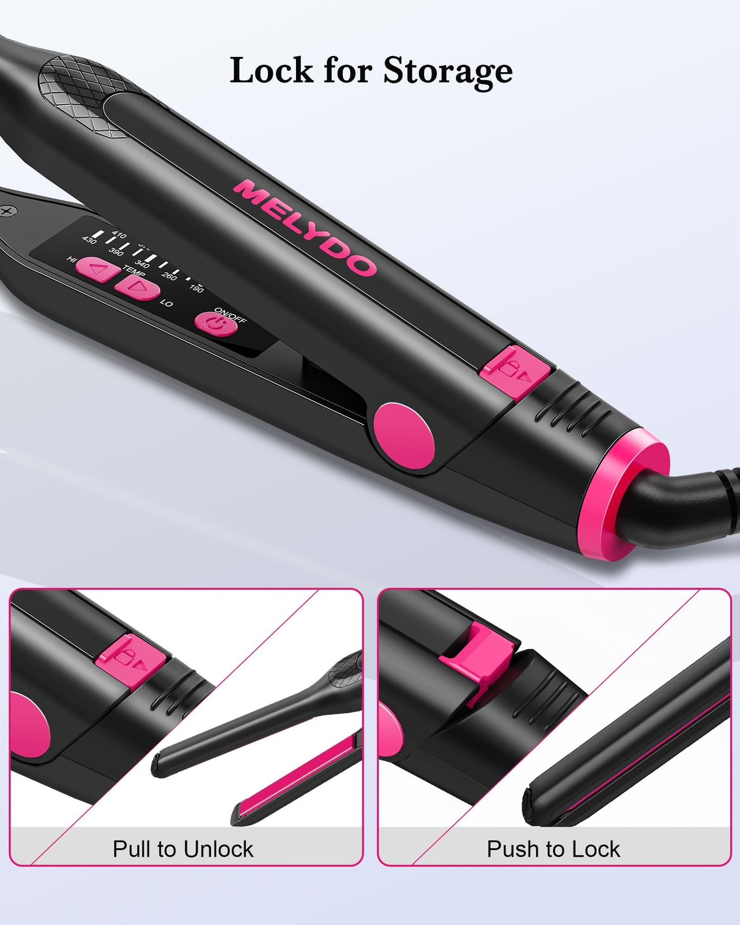 Melydo small flat iron packaging and included accessories