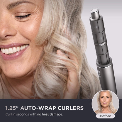 Model using Shark Flex Fusion auto-wrap hair curler attachment