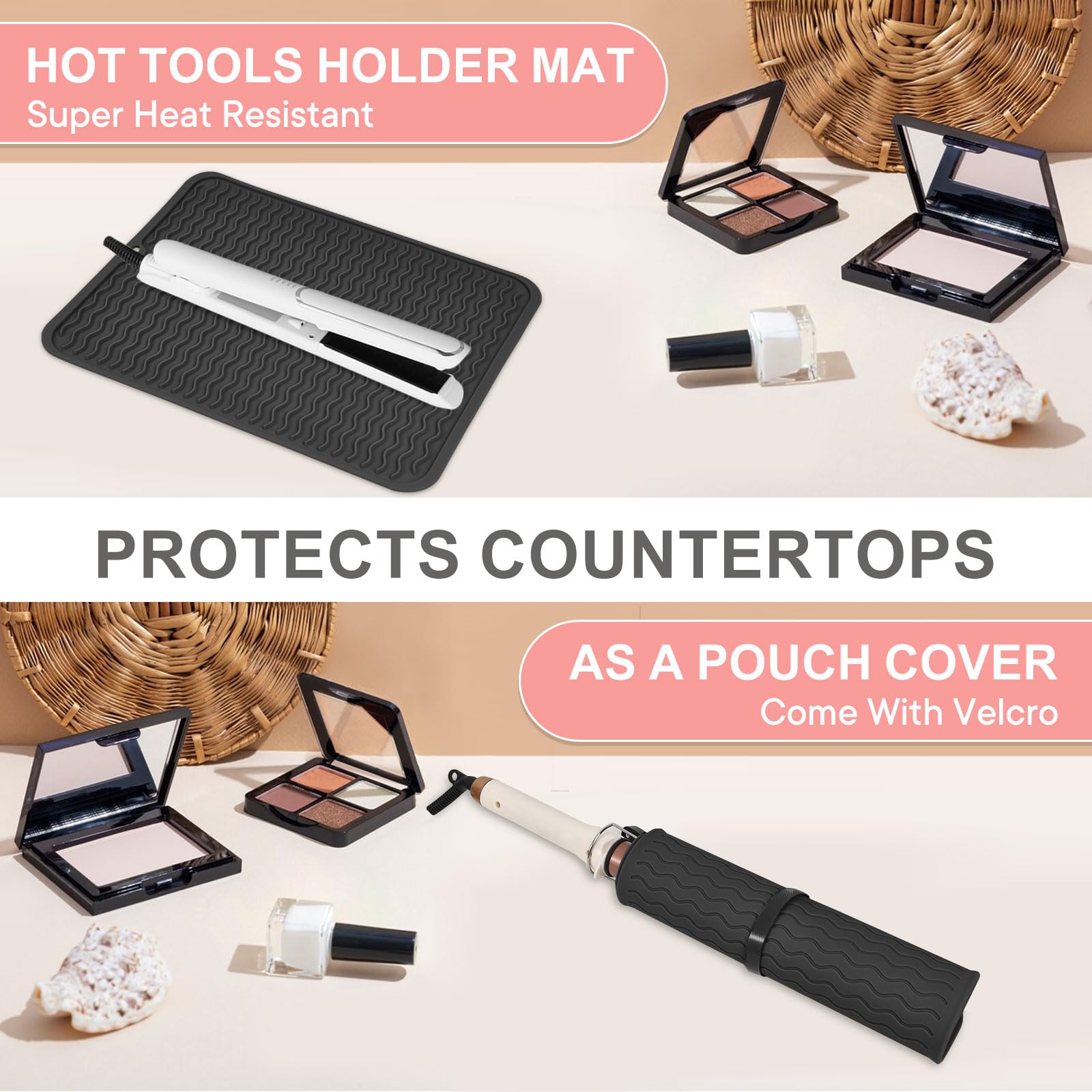Suafrnut silicone mat demonstrating heat protection on vanity