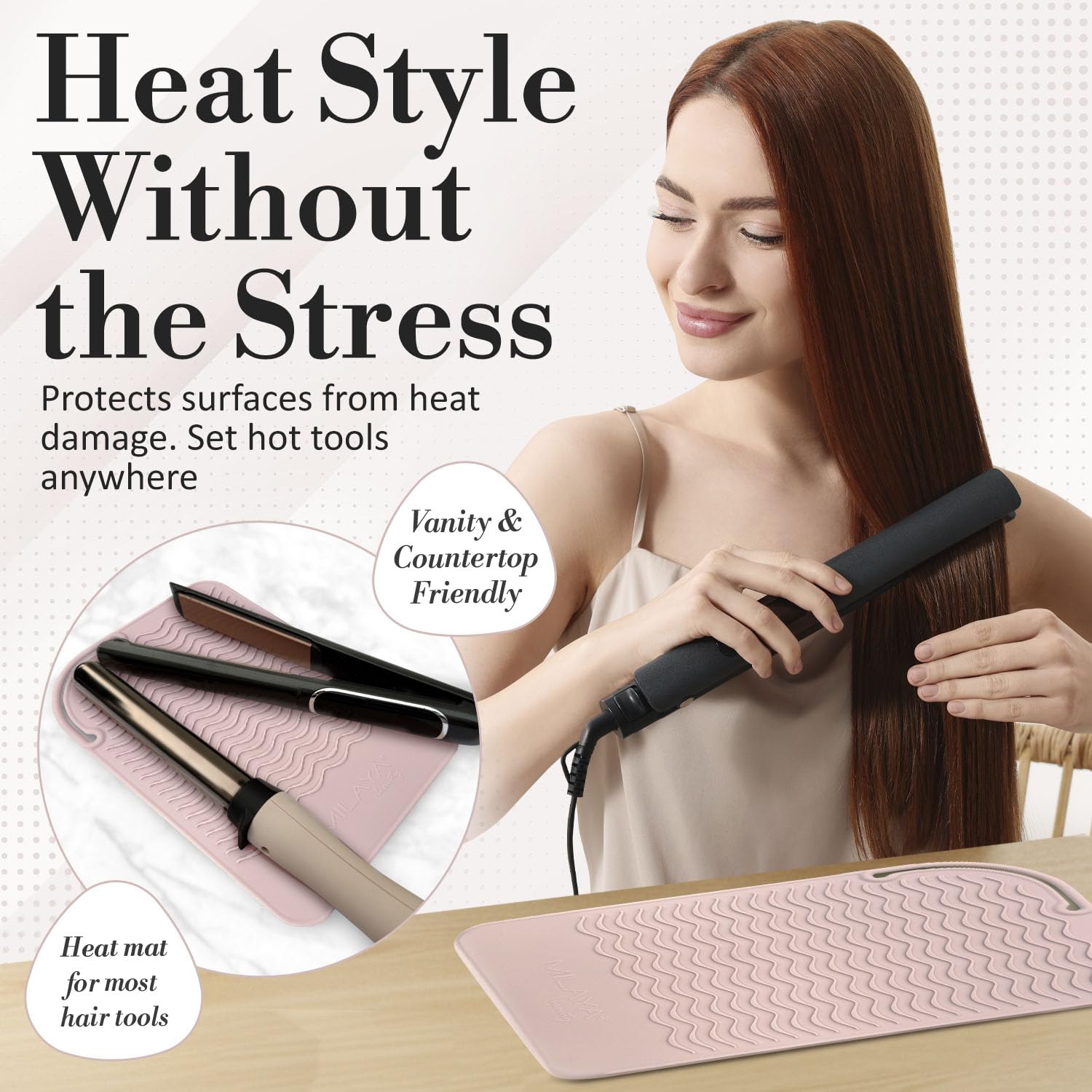 Milaya Beauty styling mat holding flat iron on table