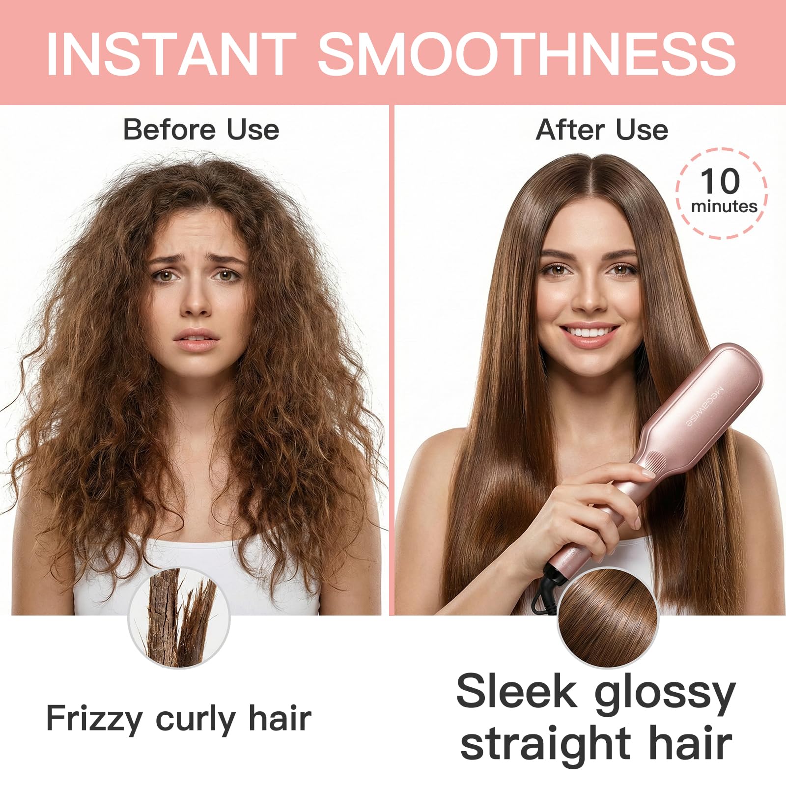 Side profile of Megawise ionic straightener with anti-scald bristles