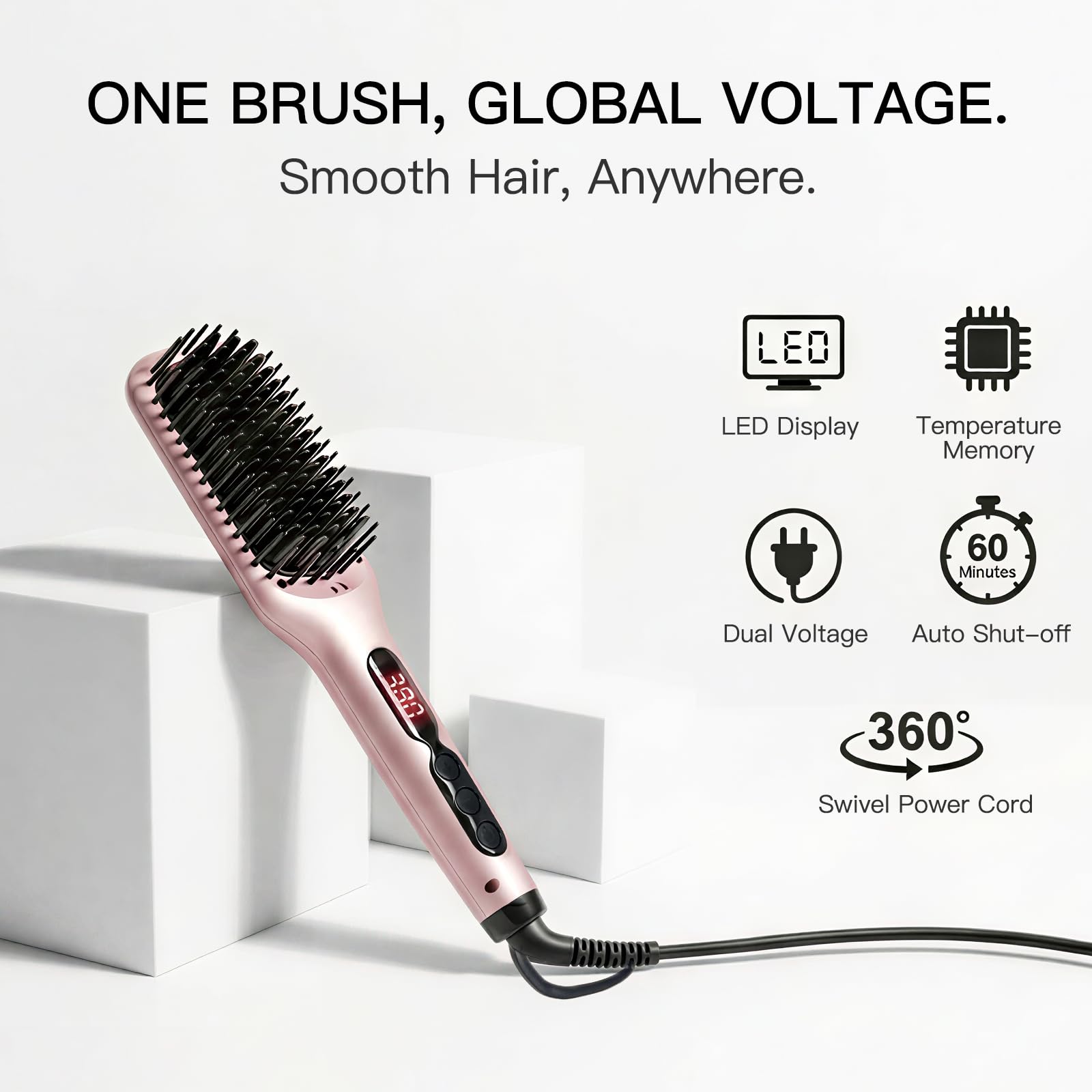 Megawise hair straightener brush showing temperature control buttons