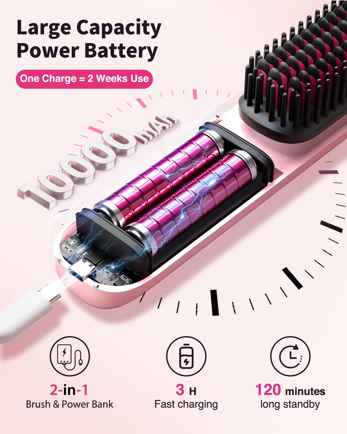 Bopcal hair brush showing USB-C charging port