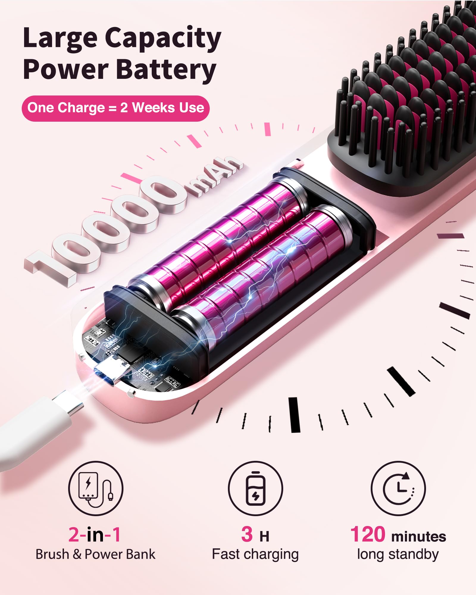 Bopcal hair brush showing USB-C charging port