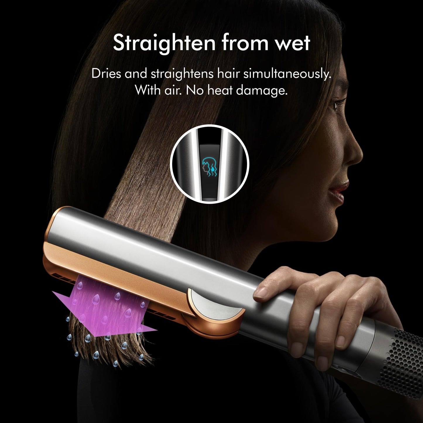 Dyson Airstrait LCD screen display showing temperature settings