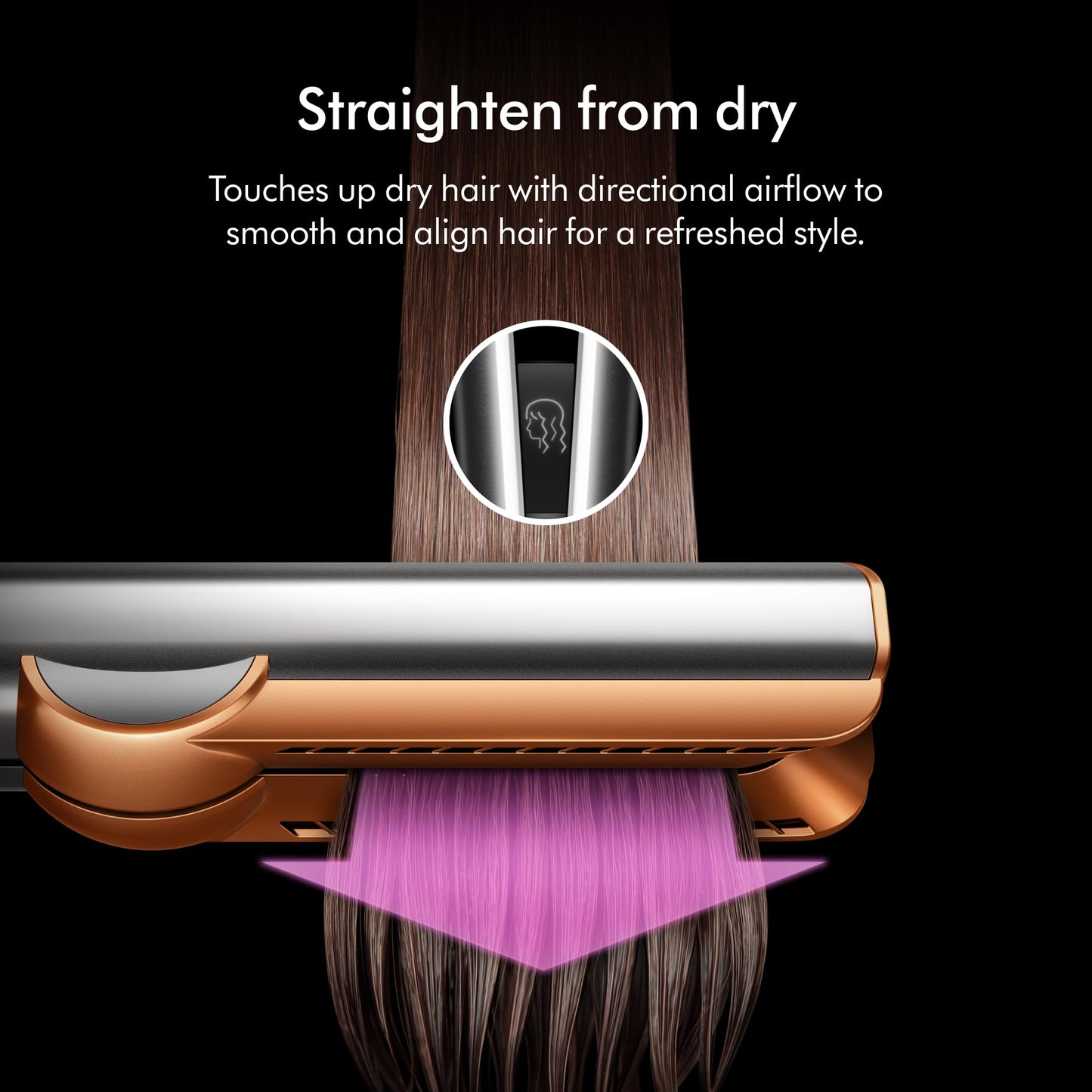 Side profile of Dyson Airstrait hair straightener in Rose Gold