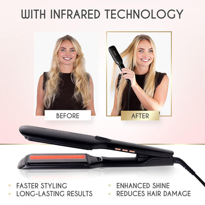 Side profile of Ella Bella flat iron showing slim design