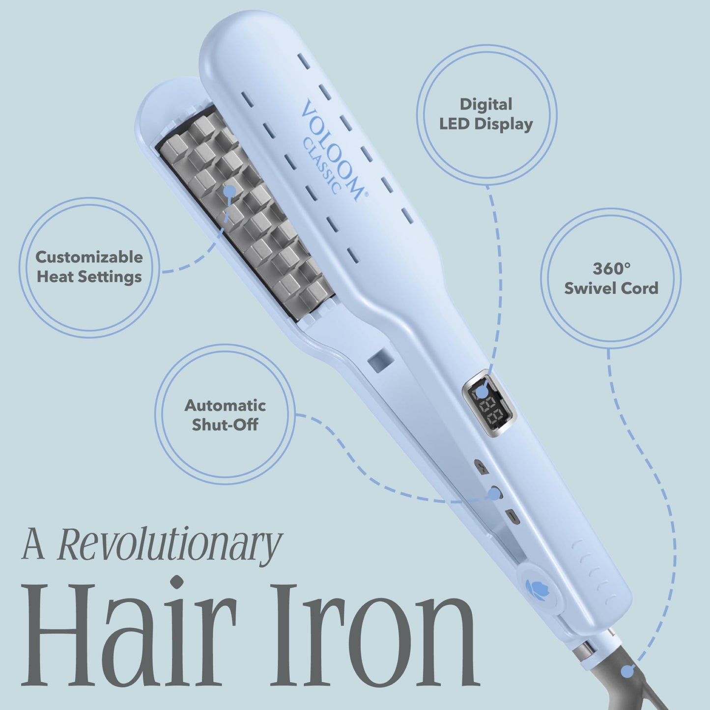 Voloom Rootie hair iron held in hand showing size