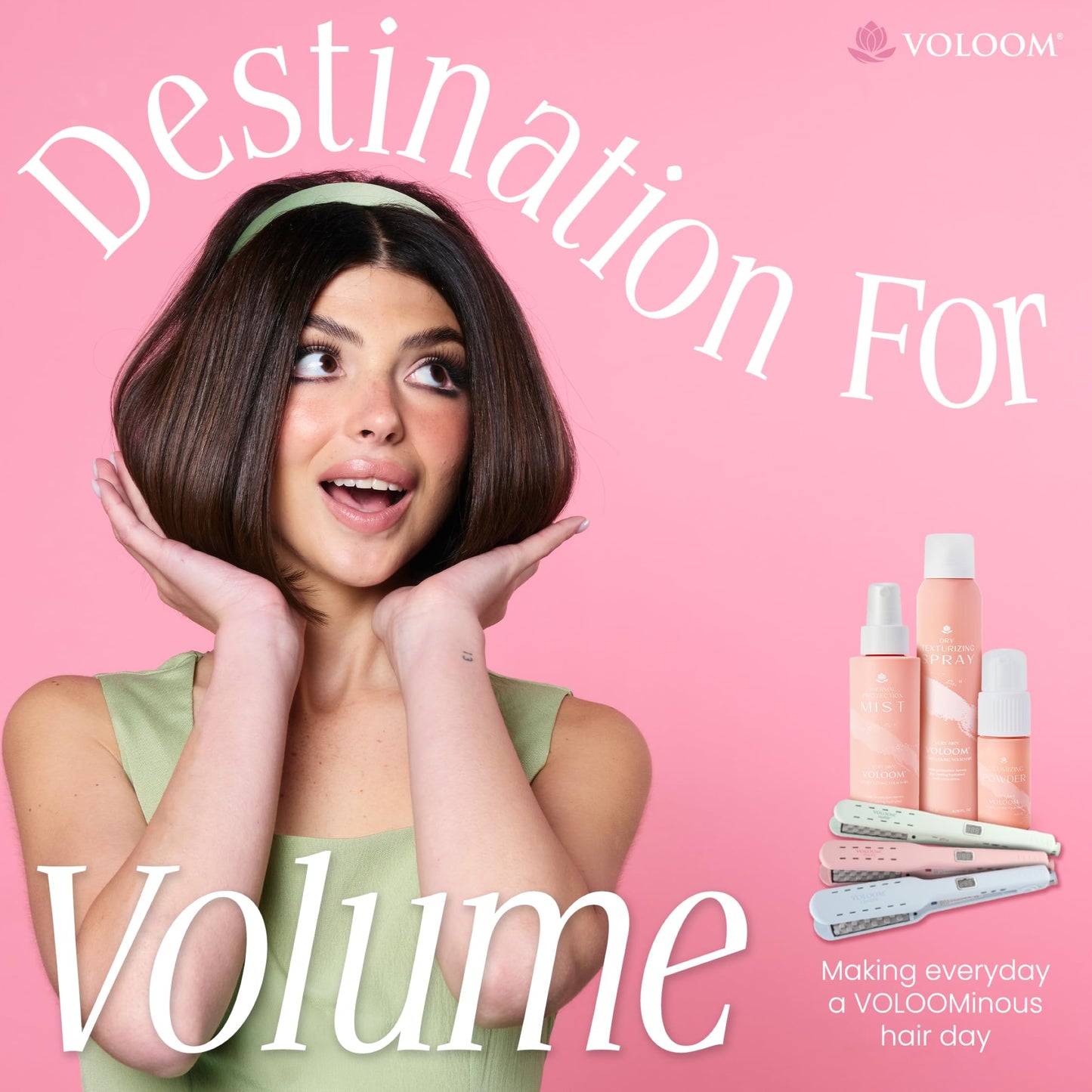 Lifestyle shot demonstrating root volume with Voloom hair iron