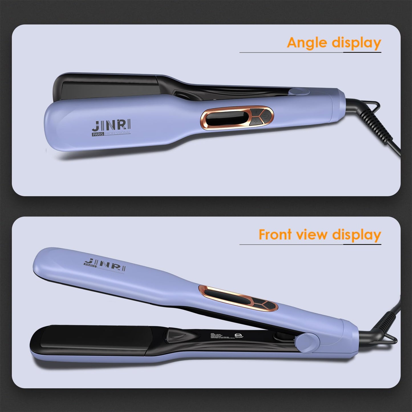 Compact dual voltage JINRI purple hair iron showcasing travel friendly sleek dimensions