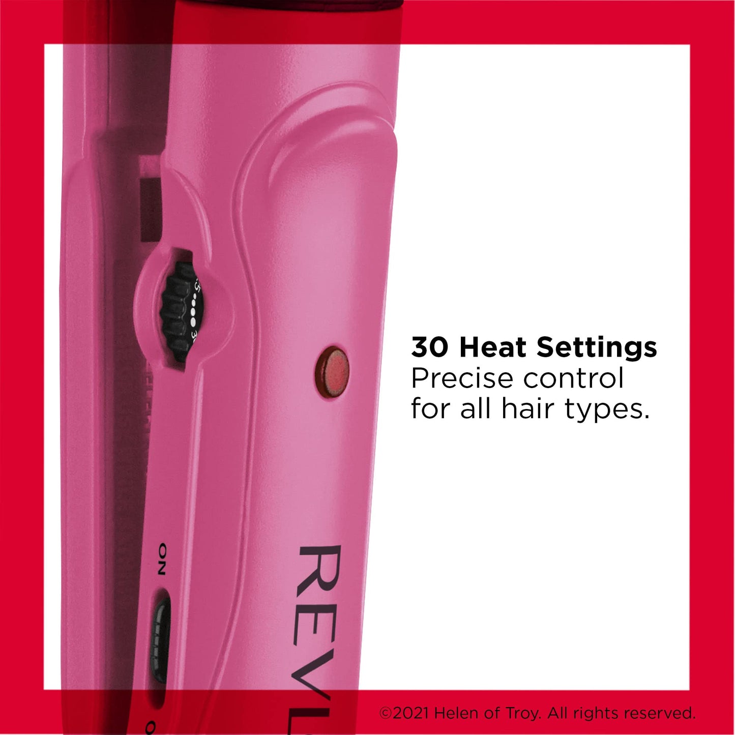 Revlon RVIR3030 hair styling tool displaying the heat adjustment dial and power switch