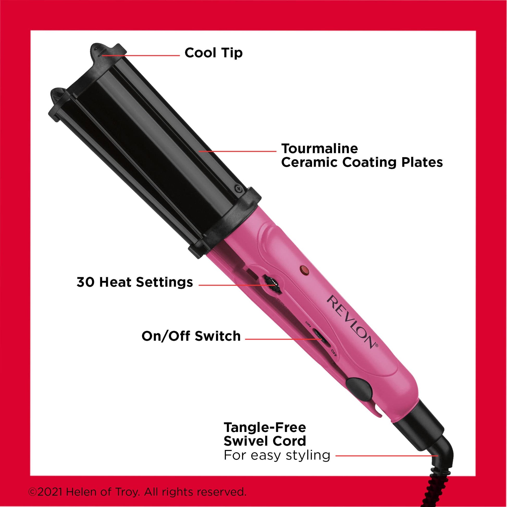 Revlon pink deep waver iron showing the safety locking ring feature for compact storage