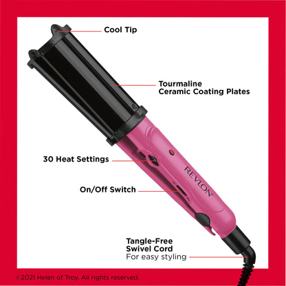 Revlon pink deep waver iron showing the safety locking ring feature for compact storage