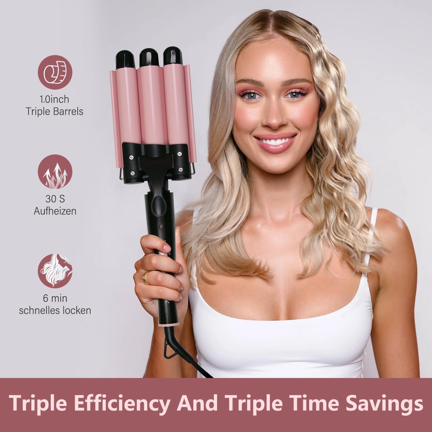 Janelove triple barrel hair waver display of two temperature control settings