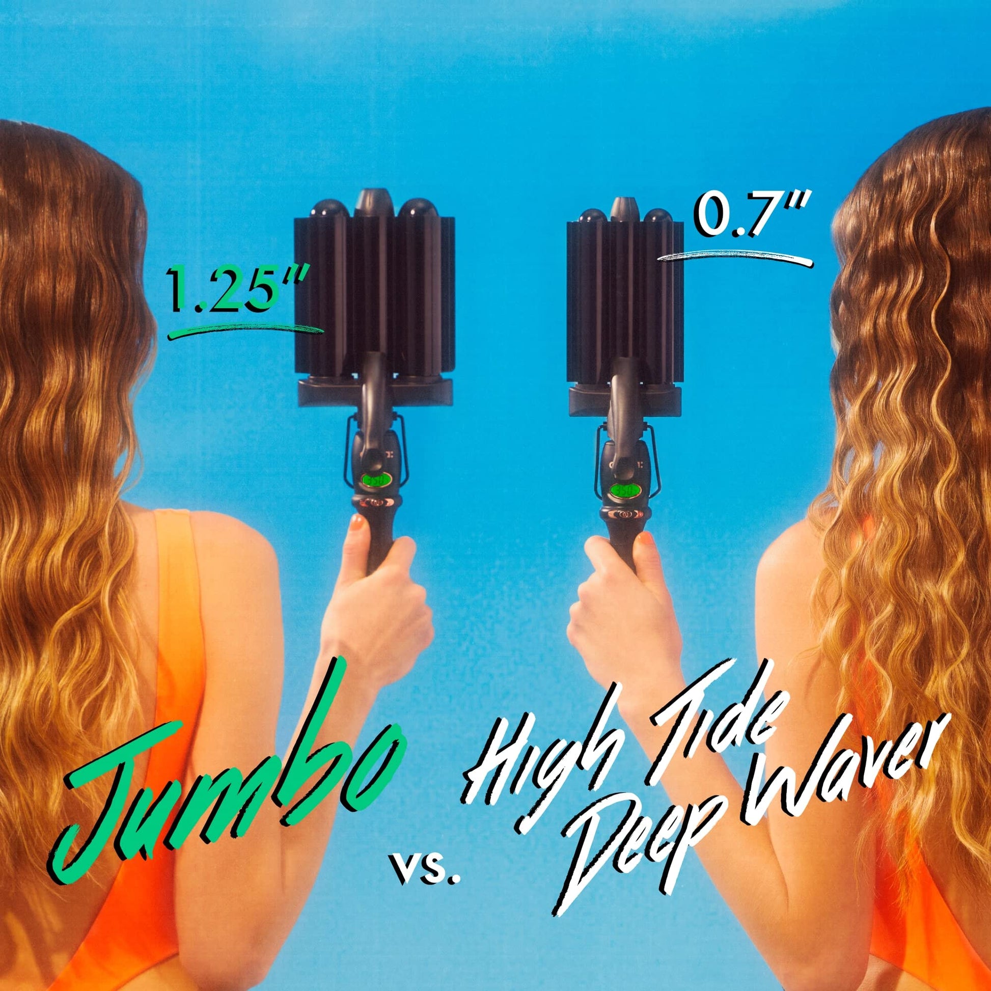 Amika mermaid hair waver displaying the digital heat adjustments and power button details