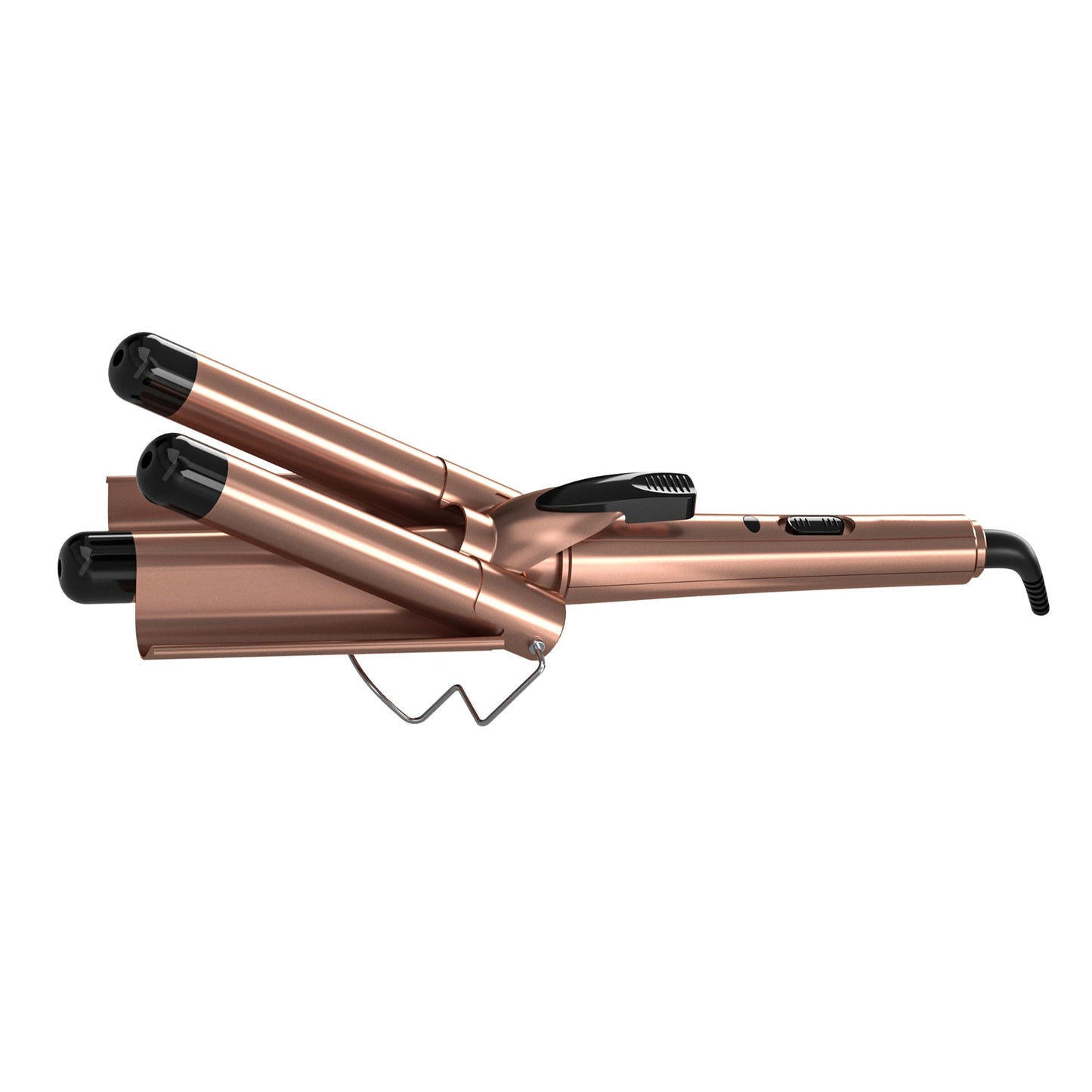Rose gold triple barrel hair crimper displaying the soft touch handle and power switch.