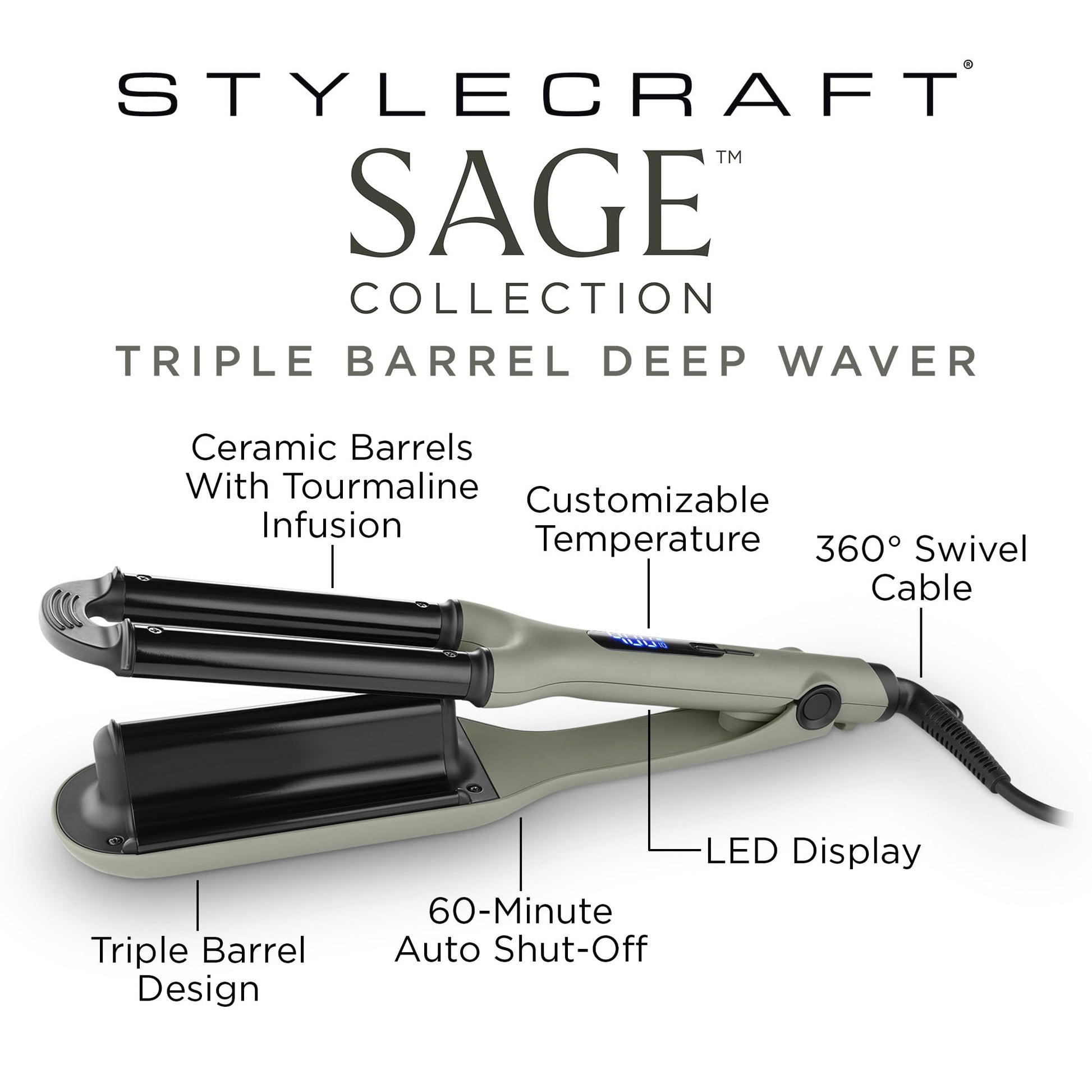 StyleCraft Sage Triple Barrel Deep Waver tool showcasing the digital temperature display screen