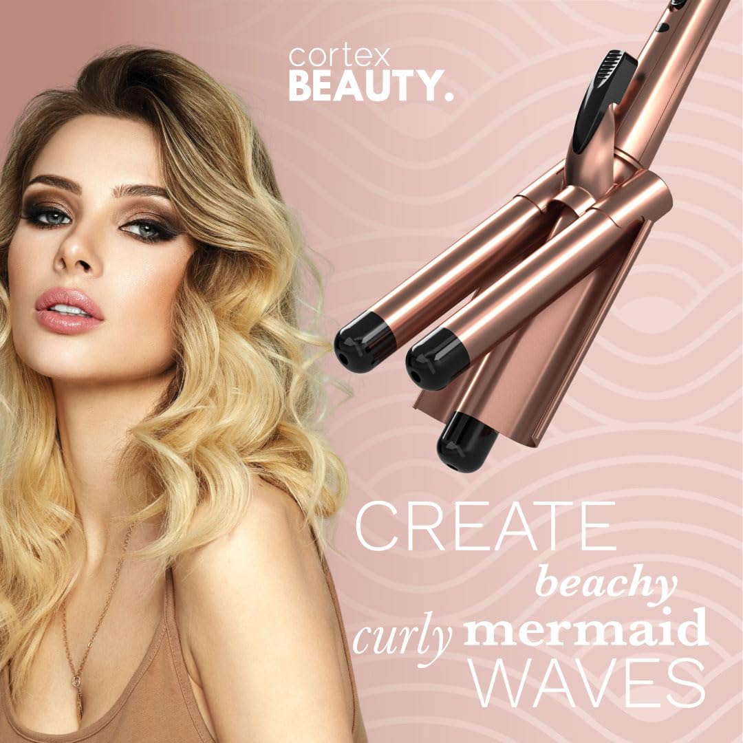 Cortex International three barrel styling iron illustrating the three-hundred-and-sixty-degree swivel cord connection.