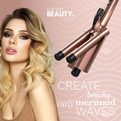 Cortex International three barrel styling iron illustrating the three-hundred-and-sixty-degree swivel cord connection.