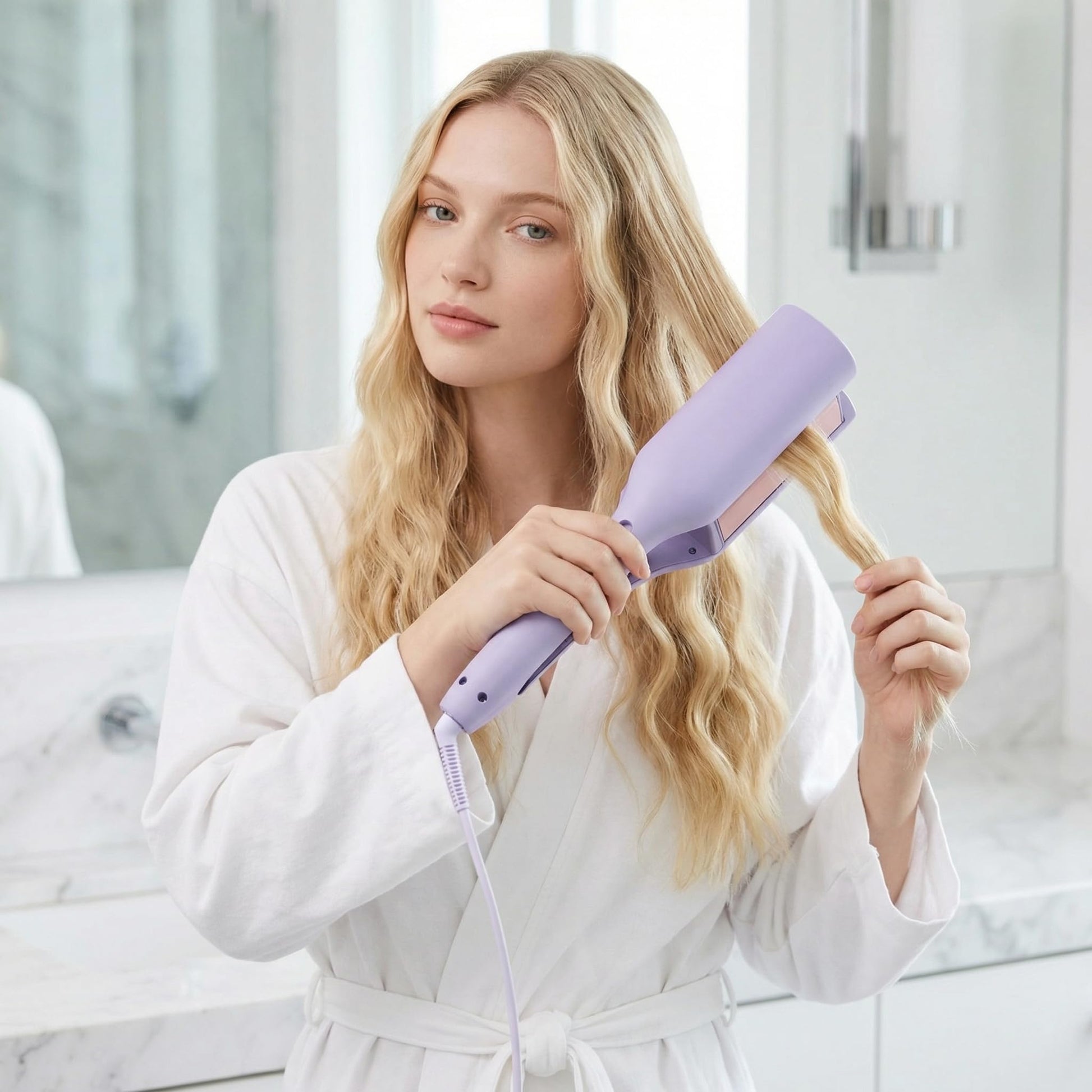 Sharnga double barrel egg roll hair crimper showcasing the four adjustable temperature control buttons