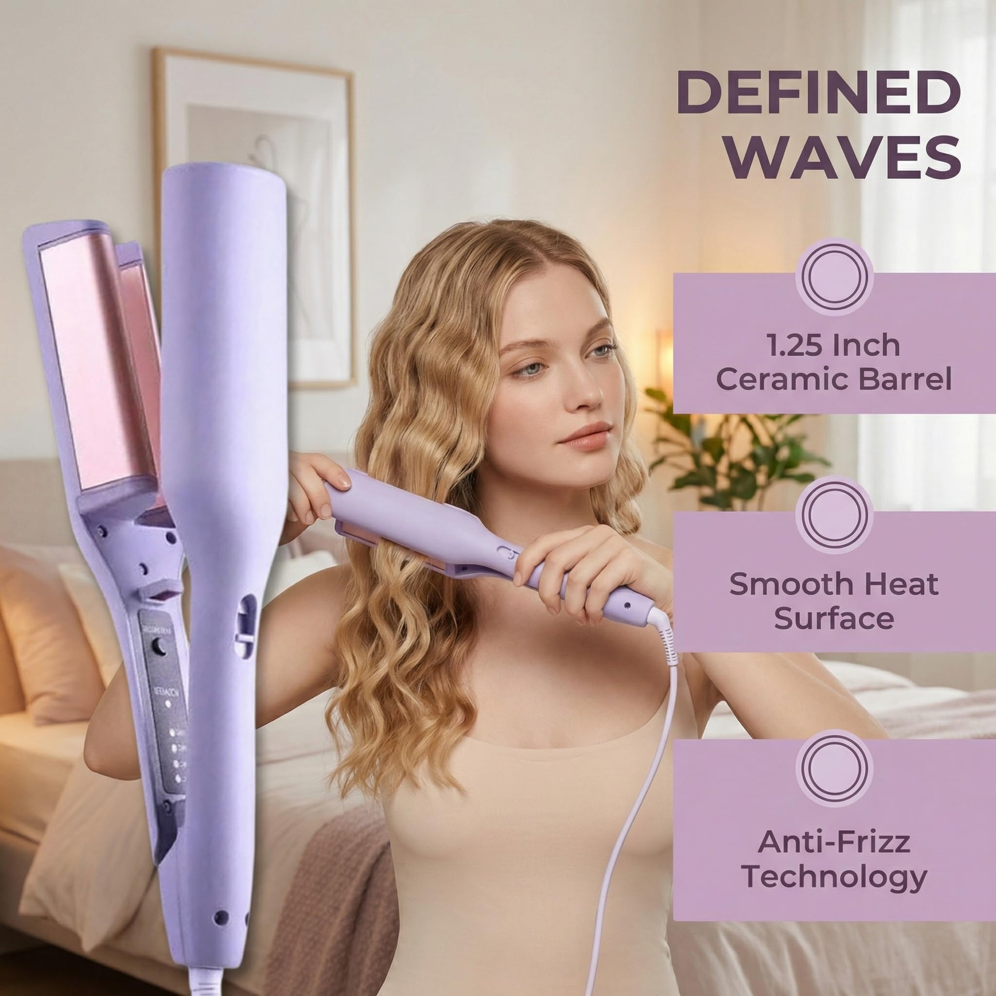 Anti scald safety tip design on the lavender mermaid wave hair curling iron wand