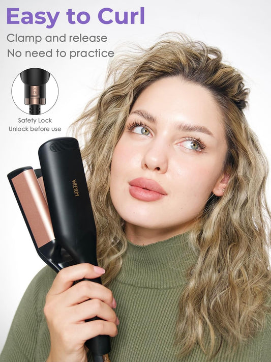 WEEYUM Ceramic Hair Waver angle view highlighting the twelve temperature setting digital display panel