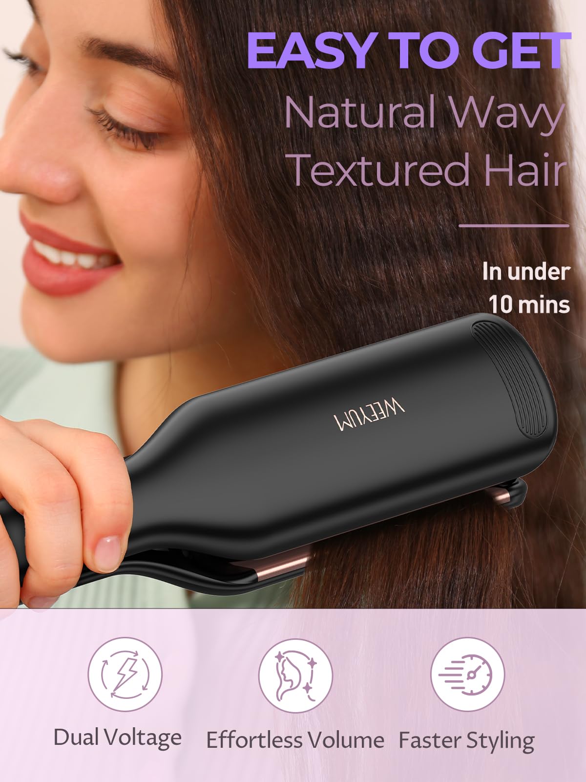 WEEYUM deep wave curling iron showcasing the heavy duty three sixty degree swivel power cord
