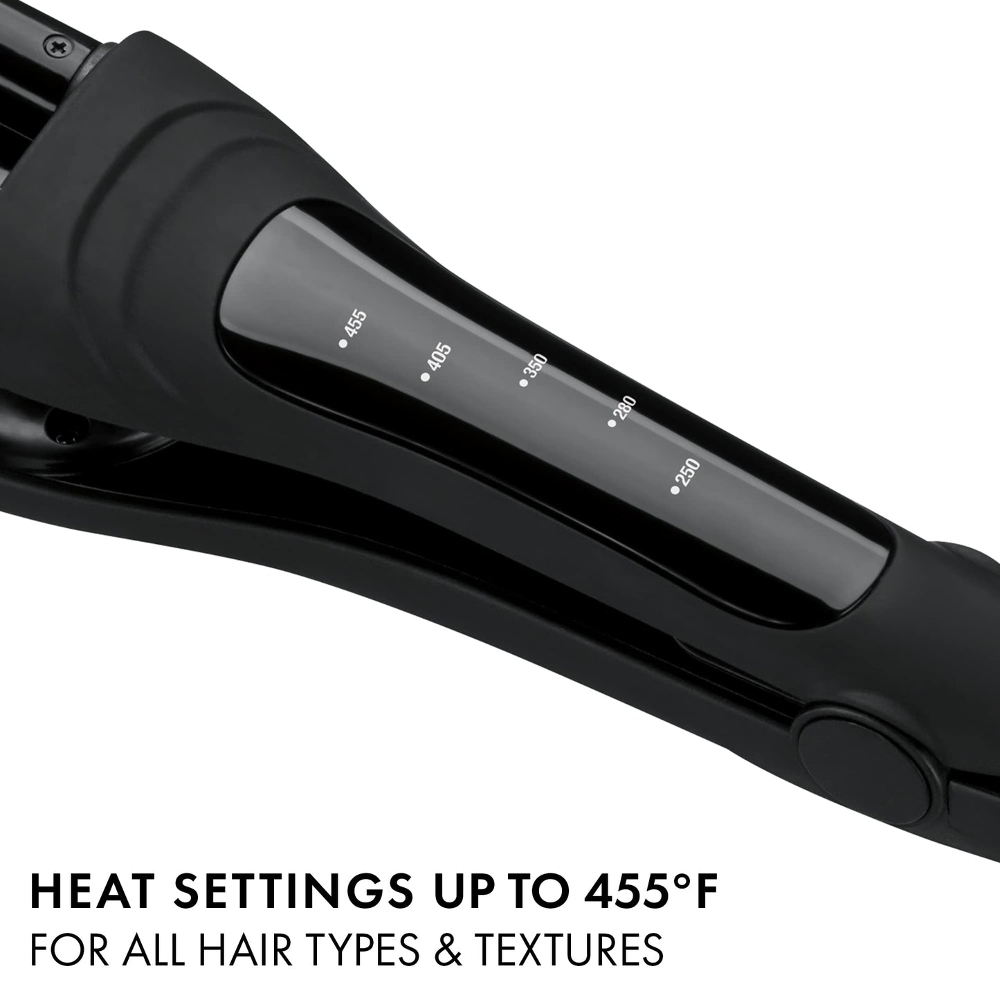 Hot Tools adjustable multi-waver displaying the temperature control buttons and digital heat settings display.