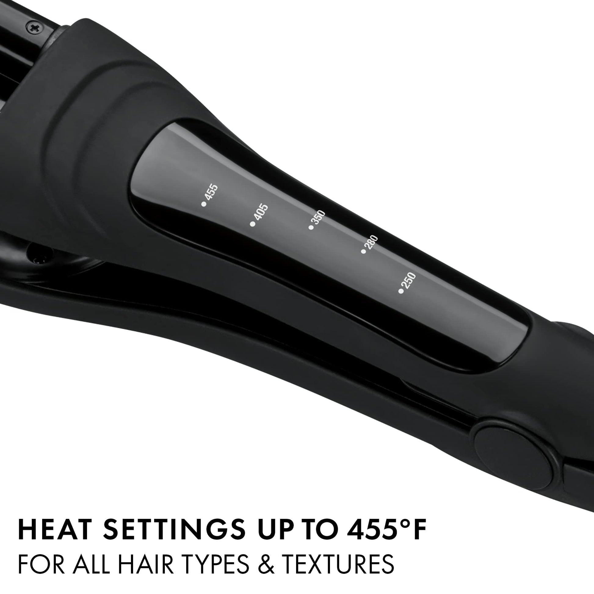 Hot Tools adjustable multi-waver displaying the temperature control buttons and digital heat settings display.