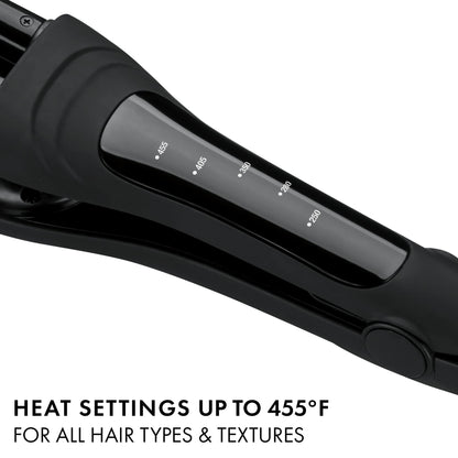 Hot Tools adjustable multi-waver displaying the temperature control buttons and digital heat settings display.