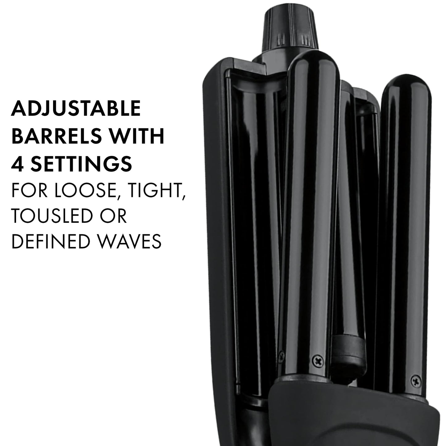 Hot Tools Black Gold multi-hair waver showing the ergonomic handle and the two-hour auto shut-off safety switch.