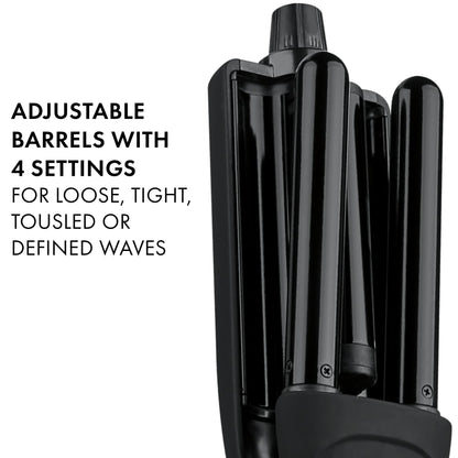 Hot Tools Black Gold multi-hair waver showing the ergonomic handle and the two-hour auto shut-off safety switch.