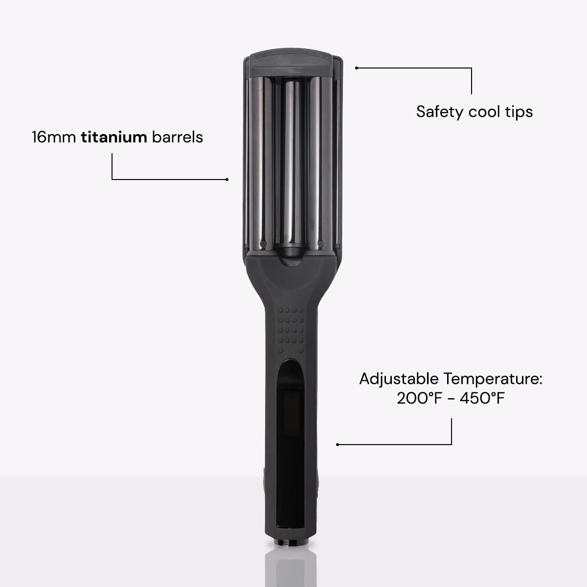 L'ANGE HAIR triple barrel hair crimper closed view emphasizing the matte black finish and soft-touch handle design