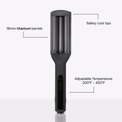 L'ANGE HAIR triple barrel hair crimper closed view emphasizing the matte black finish and soft-touch handle design