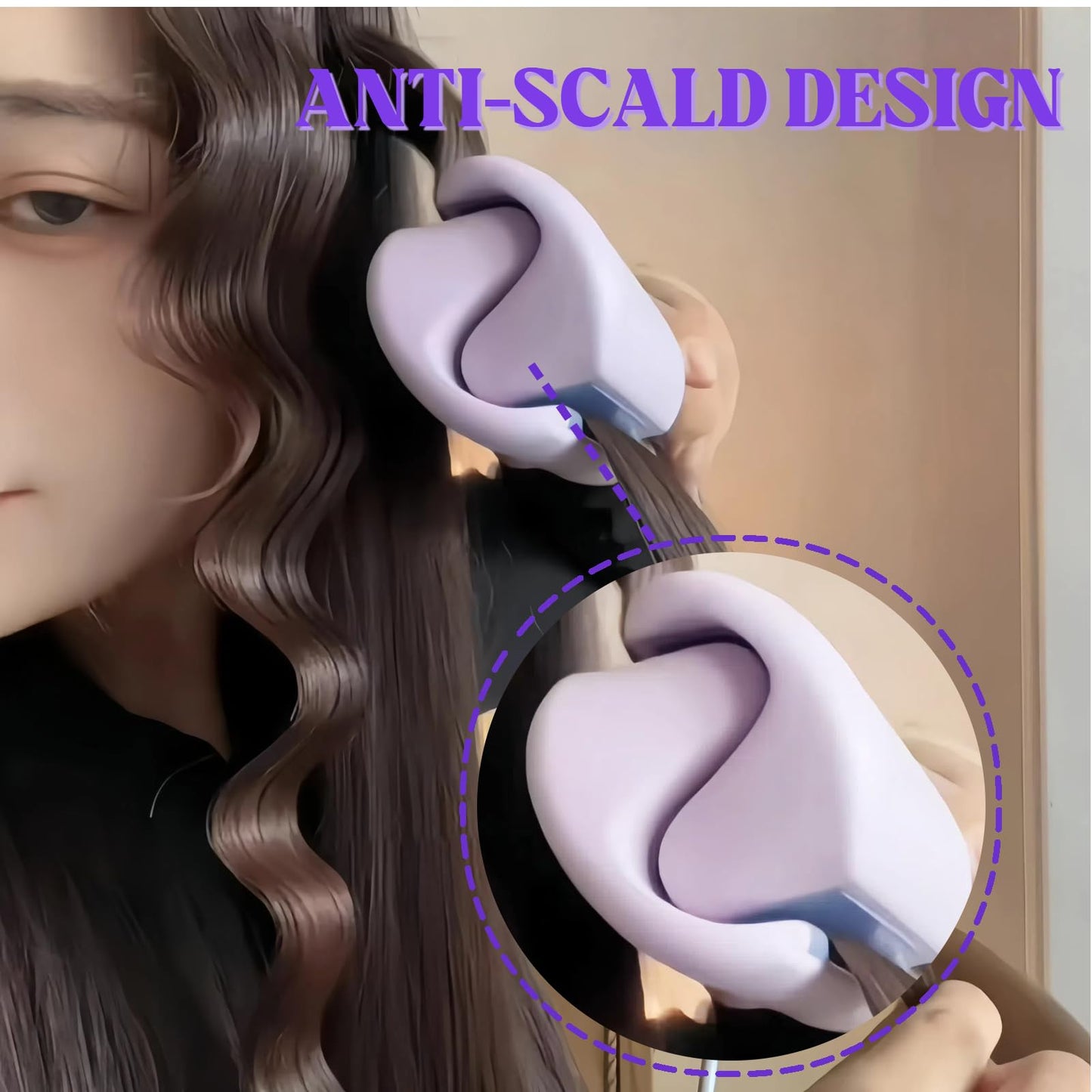 HOVCEH ceramic beach waves wand open to show the deep U-shaped barrel design for hair styling.