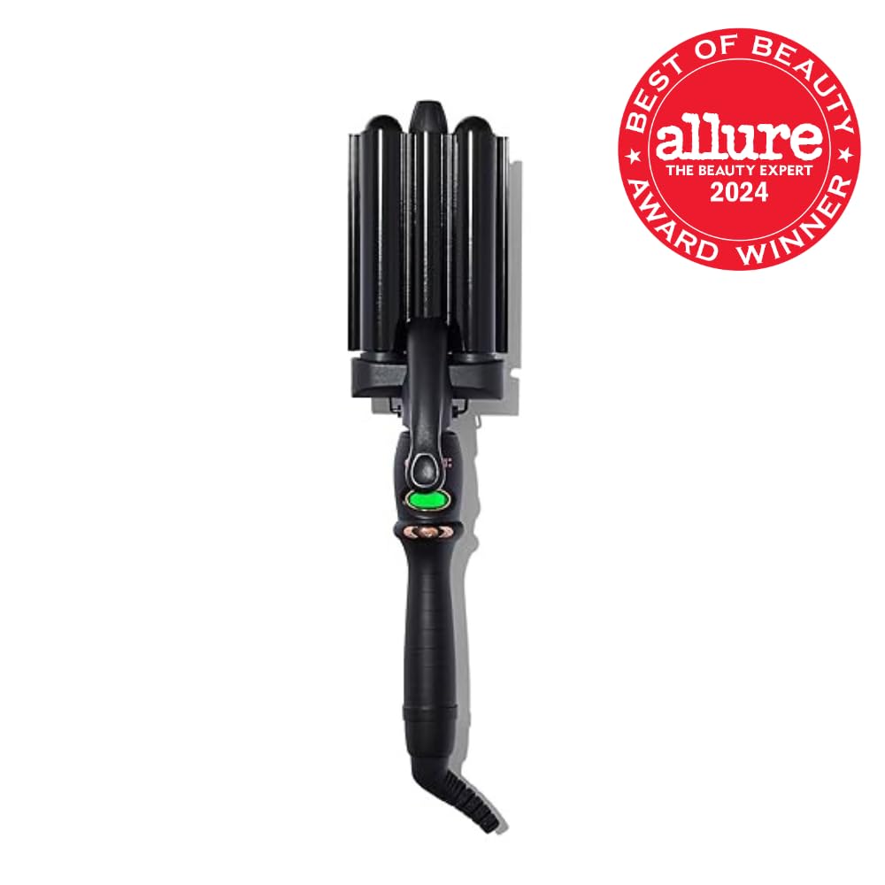Amika matte black deep hair waver styling tool with digital screen display visible