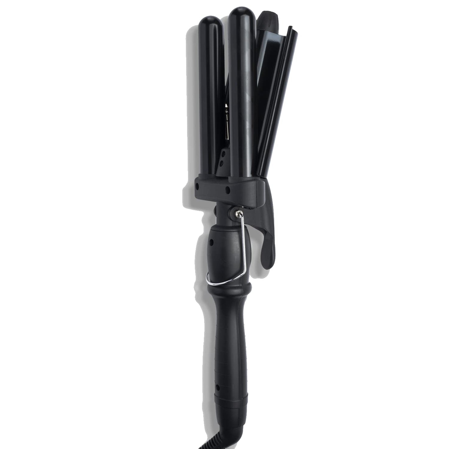 Close-up view of the adjustable temperature control buttons on the Amika hair waver handle