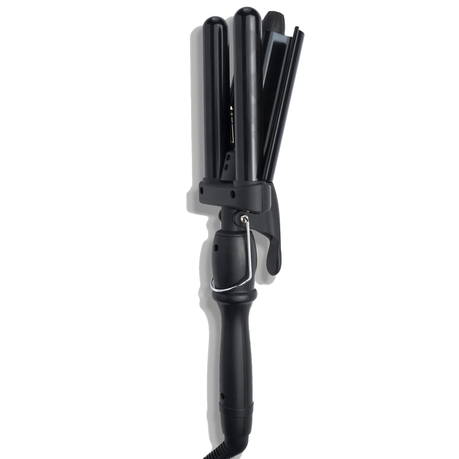 Close-up view of the adjustable temperature control buttons on the Amika hair waver handle