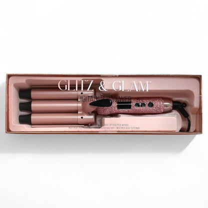 Glitz & Glam rose gold beach wave iron showing the three one inch barrels and safety stand