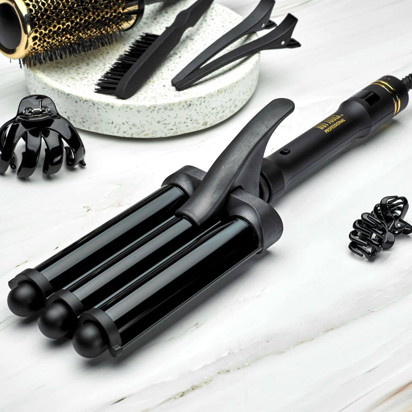 Side view of the Hot Tools Black Gold waver emphasizing the professional long swivel cord and safety stand.