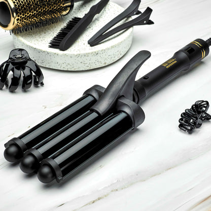 Side view of the Hot Tools Black Gold waver emphasizing the professional long swivel cord and safety stand.