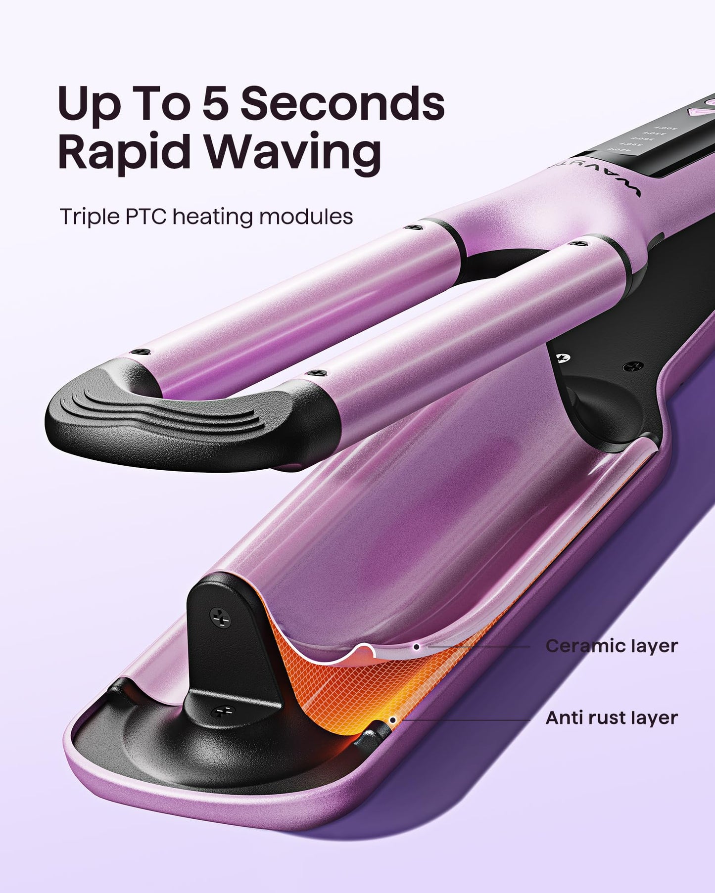 Wavytalk pink ceramic curling wand highlighting the adjustable temperature controls and digital display