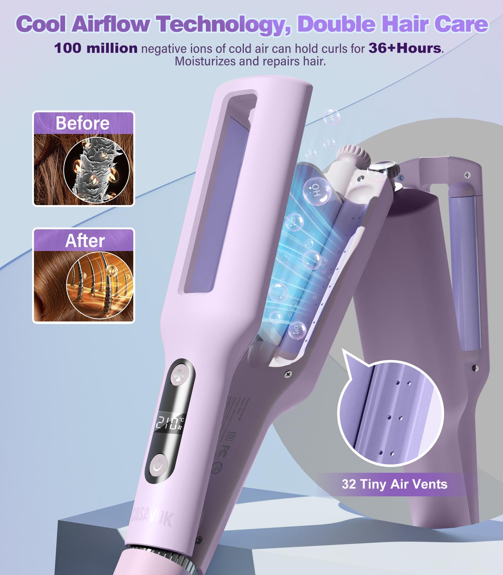 Casavok beach waver curling iron displaying the LCD screen and adjustable temperature buttons